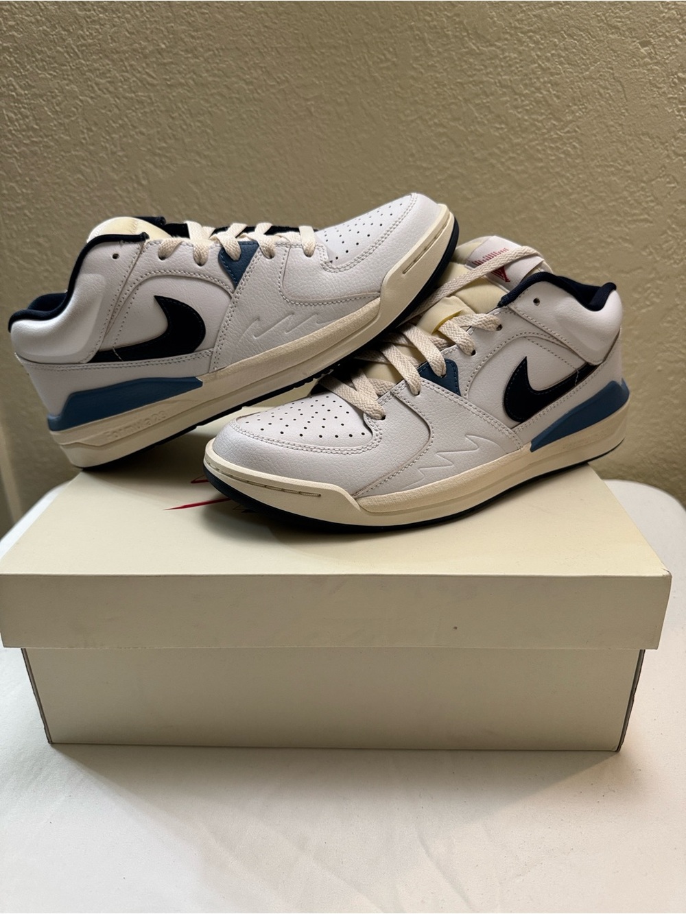White and Navy Jordan Stadium 90 Sneakers